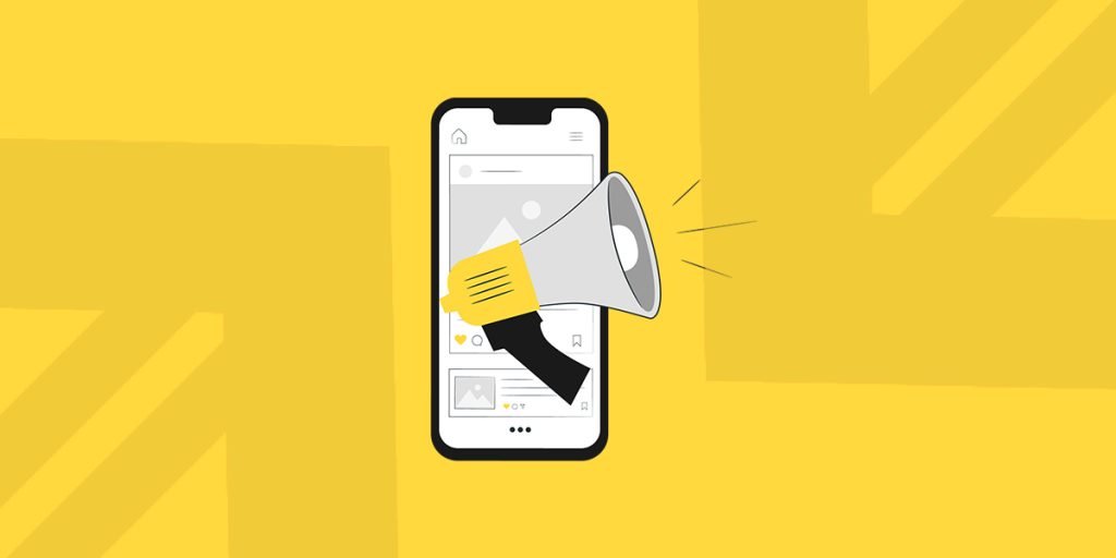 The image displays a smartphone with a megaphone emerging from its screen, symbolizing the amplification of a message through content marketing. The phone screen shows a social media interface, indicating the sharing of content such as blog posts, articles, and other media. The yellow background suggests a vibrant and energetic approach to engaging an audience, resonating with the goal of driving profitable customer actions through effective content marketing strategies.