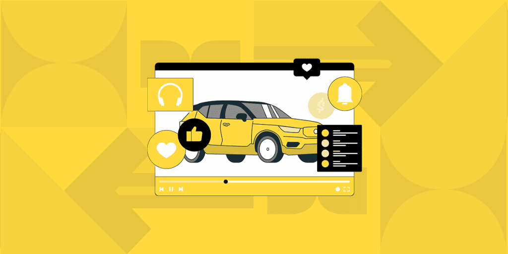 Graphic of a video player interface on a yellow background, displaying a stylized yellow car with social media interaction icons such as likes and comments around it. This image is indicative of video marketing strategies for car dealerships, suggesting the creation of engaging content about car models and features to attract and interact with potential customers on digital platforms.