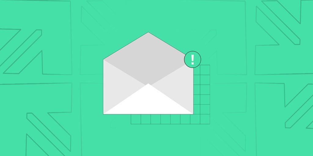 A minimalist illustration of an envelope with a notification icon, set against a light green background with abstract shapes. This image represents the concept of email marketing, suggesting the sending and receiving of important digital correspondence as part of a marketing strategy. The envelope with the exclamation mark indicates the alertness and attention required in managing email campaigns, emphasizing the importance of building a database, segmenting contacts, designing effective campaigns, and assessing key metrics for successful engagement with customers.