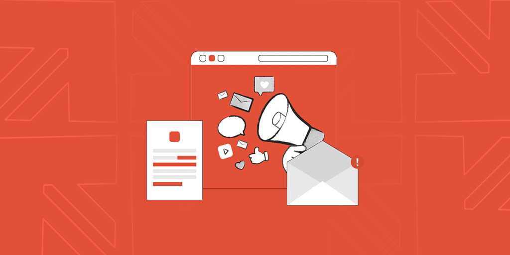 Illustration of a content distribution strategy using email marketing, depicted as an open envelope with a megaphone projecting engagement icons, alongside a document with bullet points. This symbolizes the steps for car dealerships to leverage email marketing, including list building, segmentation, engaging subject lines, calls-to-action, and email automation, as well as collaborating with influencers and guest blogging to promote content.