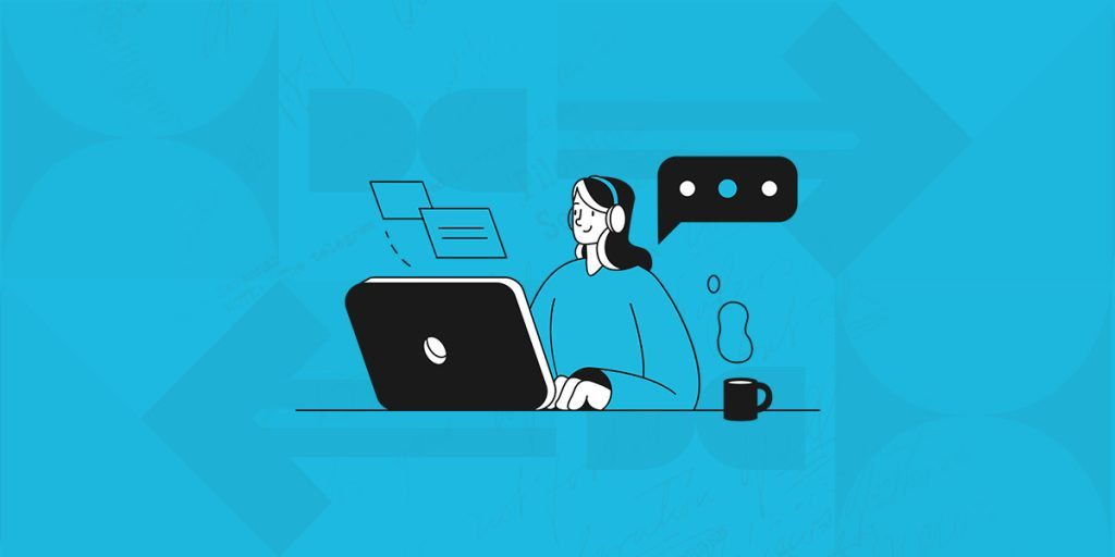 The image shows a person using a laptop with a speech bubble and document icons floating above, set against a soft blue background with abstract shapes. This could represent a customer service representative managing online reputation, indicating the process of monitoring reviews and feedback, addressing customer concerns, and engaging in conversations to maintain a positive presence in the digital space. The coffee cup beside the laptop adds a touch of a relaxed work environment, implying a methodical and attentive approach to reputation management.