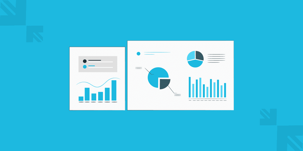 Simple graphics of analytical reports and charts on a blue background, symbolizing the measurement and analysis of content performance for car dealerships. This image conveys the concept of using a data-driven approach to track website traffic, user engagement, and social media metrics, and aligning them with key performance indicators for strategic improvement in content marketing within the automotive industry.