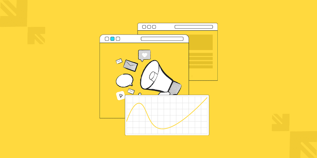 Illustration of a loudspeaker with speech bubbles and pieces of paper flying out, in front of a web browser window with a rising line graph, on a yellow background. This image represents content marketing for car dealerships, emphasizing the importance of establishing an online presence, understanding the audience, and boosting sales through valuable content creation