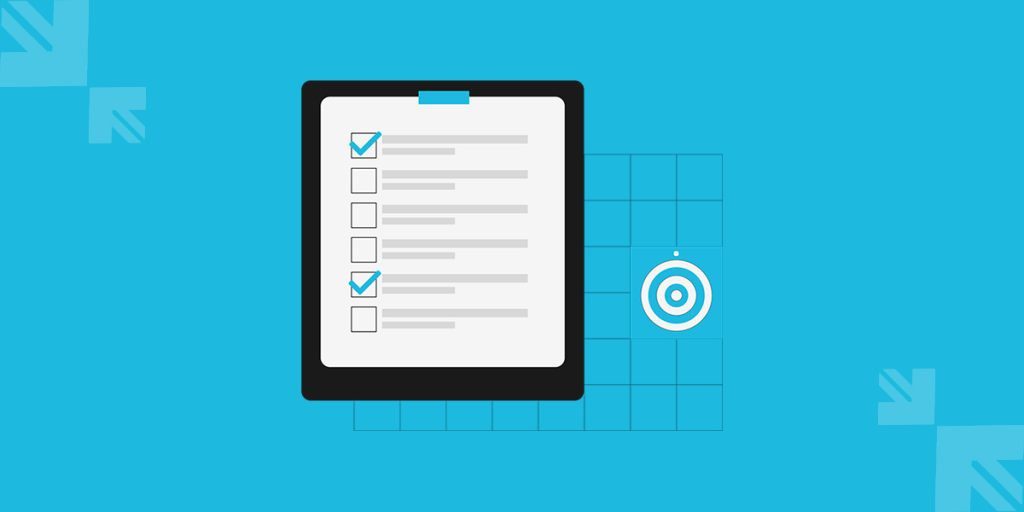 A graphic with a clipboard showing a checklist on the left, symbolizing the setting of goals and objectives for a digital marketing strategy. To the right, a target icon represents the aim of these goals. The image illustrates the concept of defining specific marketing goals such as increasing website traffic, improving brand awareness, and generating leads to increase car sales, aligning with the SMART criteria of goal setting.