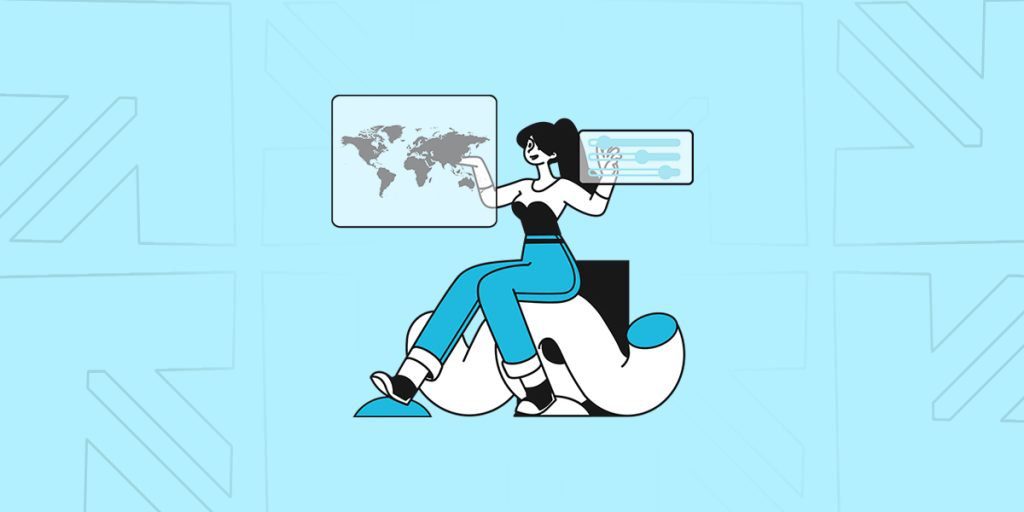 An illustration of a woman sitting on a stylized question mark, interacting with digital interfaces. On her left, a transparent screen displays a world map, symbolizing a global perspective or market research. On her right, another screen shows a card with data points, suggesting the analysis of demographics, preferences, or customer data. This image reflects the concept of identifying a target audience for a car dealership, considering factors such as demographics, preferences, market research, competitor analysis, and creating buyer personas