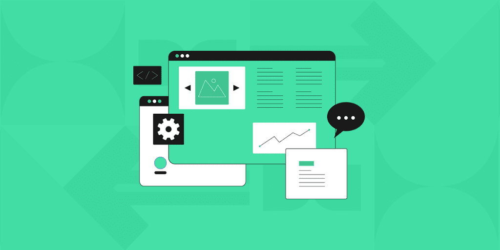 Illustration of a desktop interface with various elements symbolizing content strategy planning, including a settings gear on a mobile screen, a web browser with an image carousel, charts, and a speech bubble with a document. The image captures the concept of setting goals, defining key performance indicators, and developing a content calendar for effective content strategy in digital marketing.