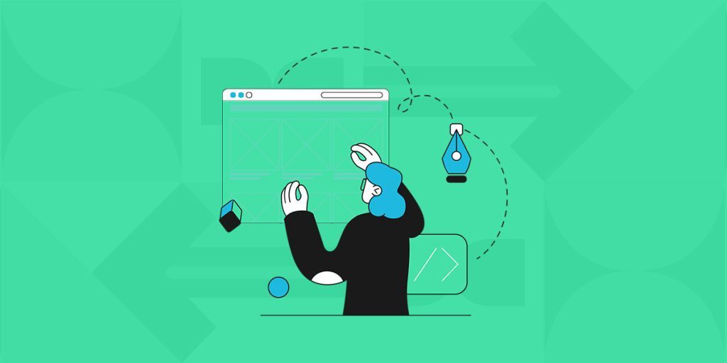 An illustration depicts a person with blue hair seated at a computer desk, juggling a few abstract shapes. A large desktop monitor is in the background with a simple user interface displayed on it. This image metaphorically represents the multifaceted tasks of building an effective website, suggesting elements of user-friendly design, mobile responsiveness, inventory management, CRM integration, and lead generation which are essential for a successful car dealership website.