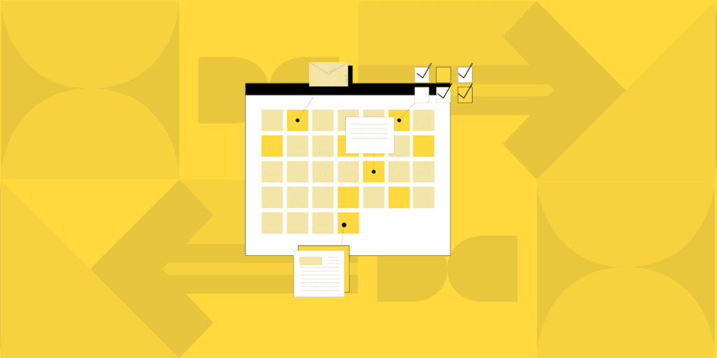 Graphic of a large calendar with highlighted dates and attached notes, alongside envelopes and checkmarks, set against a yellow background. This represents a content calendar for a car dealership's content marketing strategy, which includes various types of content such as blog posts, social media updates, videos, infographics, and customer reviews as part of a comprehensive approach to engage and educate potential customers.