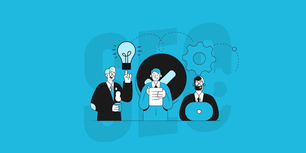 The illustration shows three characters in a business setting, each representing different aspects of SEO for car dealerships. The first character holds up a light bulb, symbolizing the idea generation involved in keyword research. The central figure reads from a large document, depicting on-page SEO tactics like optimizing content with keywords. The third character works on a laptop next to a large gear, representing the technical and analytical processes involved in off-page SEO, local SEO, and SEO analysis and reporting. The overall image conveys a coordinated effort to enhance a website's search engine optimization.