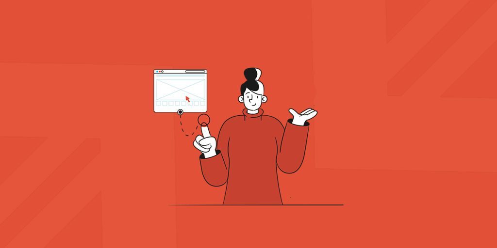 A minimalistic illustration of a person with a bun on their head, wearing a turtleneck, holding a magnifying glass in one hand, and gesturing with the other hand towards a floating browser window. The background is a solid red color, and the illustration uses a two-tone color scheme. The image suggests the person is examining or highlighting details, which can be associated with analyzing and optimizing Pay-Per-Click (PPC) advertising campaigns, as it involves meticulous examination of ad performance, targeting, and conversion metrics.