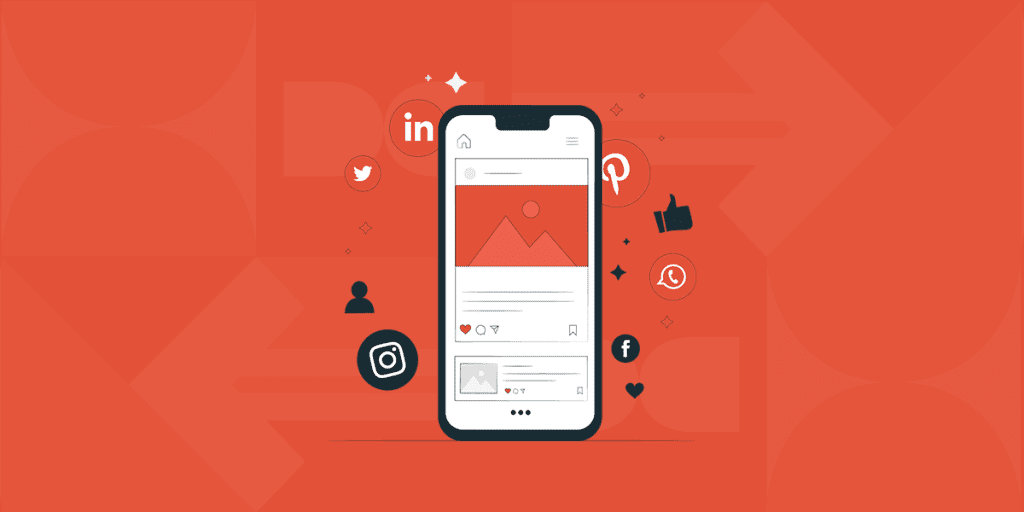 A smartphone displaying a social media post with a heart and like symbols, symbolizing engaging content creation for a car dealership blog on a vibrant red color background.