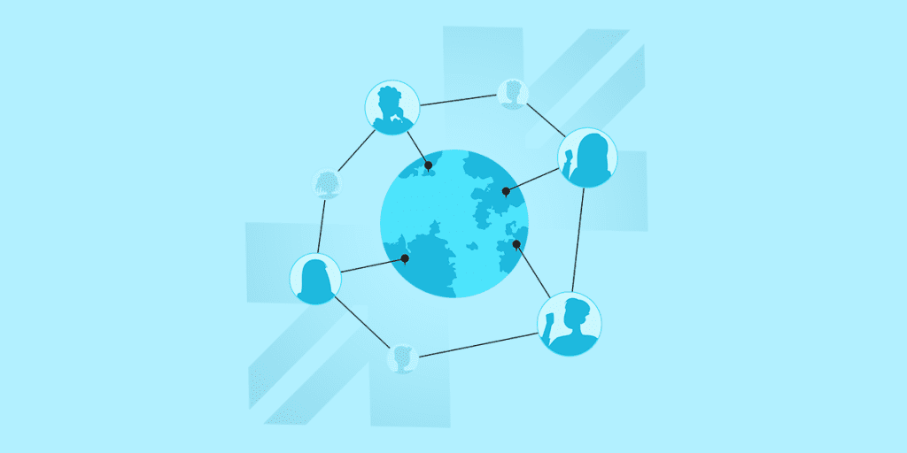 Graphic of a global network highlighting the strategy of building relationships with guest bloggers for a car dealership blog.