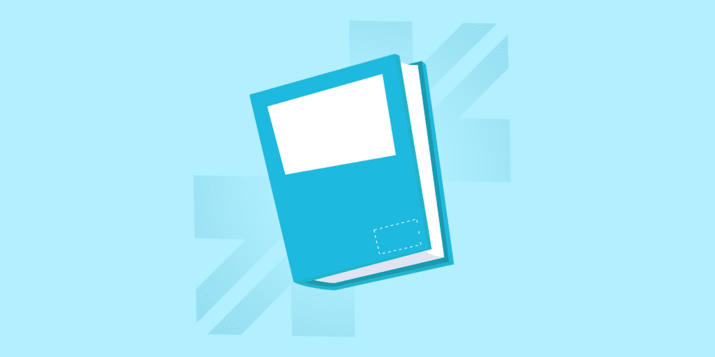 Illustration of a blue book with a blank white label on the front cover, set against a light blue background.