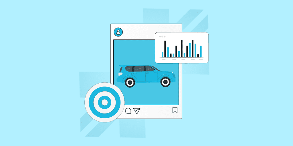 A social media illustration post with a car symbol at the center, illustrating the concept of knowing your target audience in car dealership marketing.