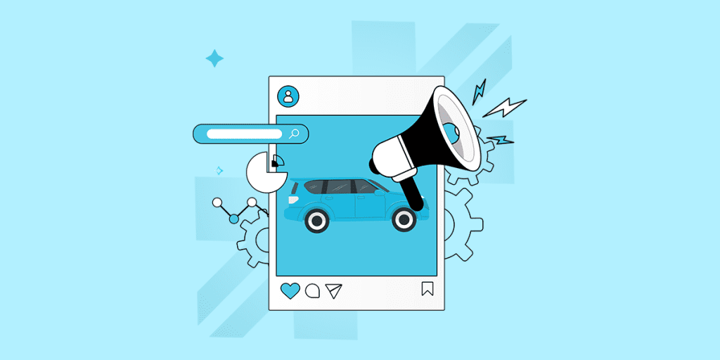 Graphic illustration of a social media post and a megaphone surrounded by social media icons, underscoring the importance of social media marketing for car dealerships.