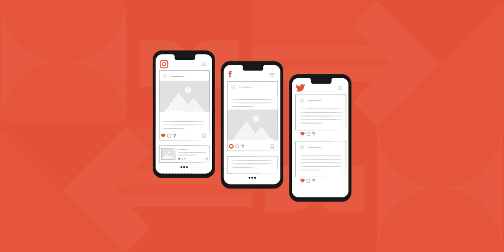 An illustration of a selection of different social media feeds on mobile devices displayed, guiding car dealerships to the most effective platforms for their marketing.