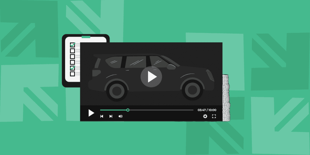 Graphic banner showing a video player interface with a generic black SUV, illustrating the benefits of car dealership video marketing on a green geometric background.