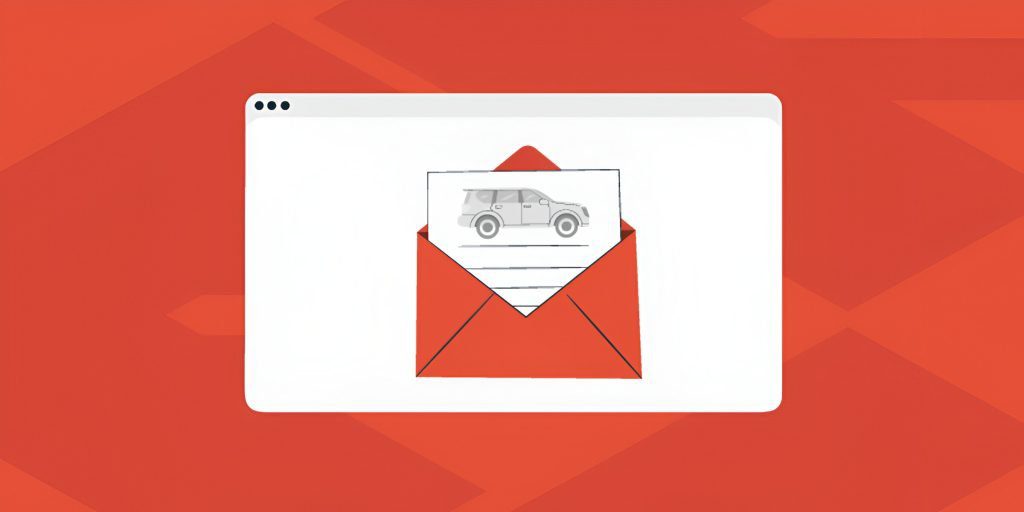 Red background featuring an open envelope with a car image inside, displayed on a computer screen.