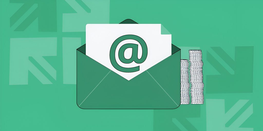Green background showing an open envelope with an email symbol (@) and stacks of coins beside it.