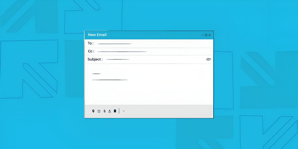 Blue background depicting a new email composition window with blank fields for To, Cc, Subject, and message body.