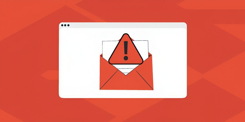 Red background showing an envelope with a warning symbol inside, displayed on a computer screen.