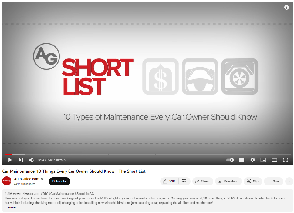 Screenshot of a YouTube video titled 'Car Maintenance: 10 Things Every Car Owner Should Know - The Short List' from AutoGuide.com, displaying a minimalist gray title screen with icons representing money, tools, and car wheels, emphasizing essential car maintenance knowledge.